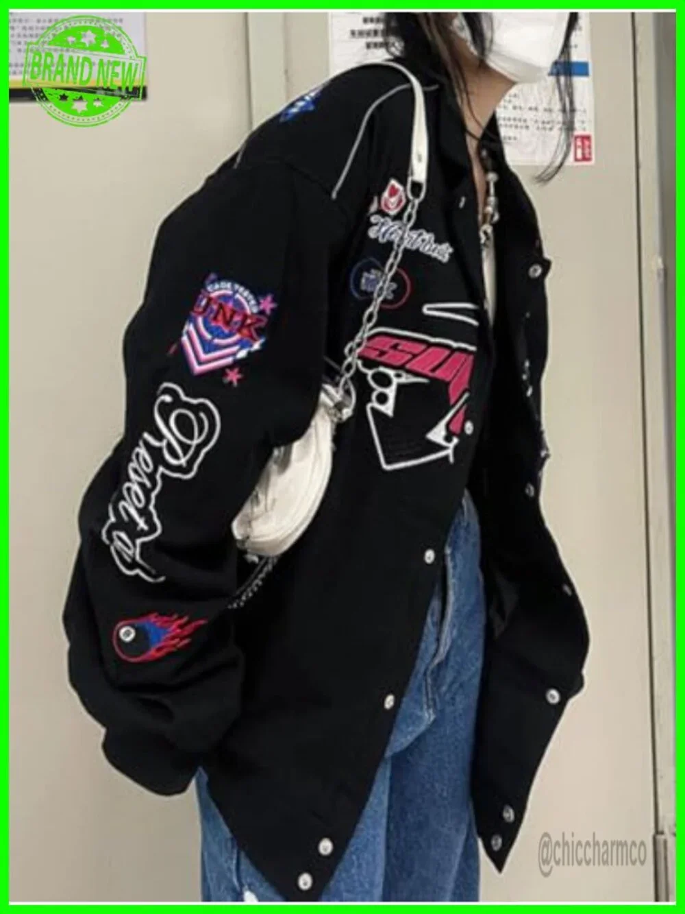 Women Button Varsity Jacket Harajuku Vintage College Baseball Bomber Coat Y2K